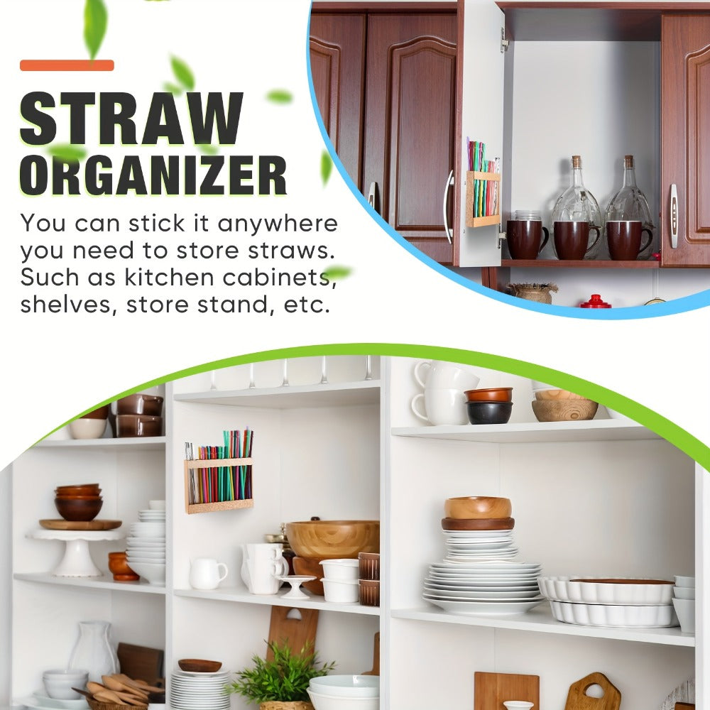9.8 Inch Acacia Wood Straw Holder for Cabinet Doors, Counters and Reusable Straw Organization