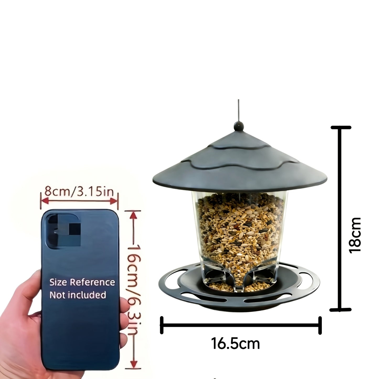 Hanging Bird Feeder with Tiered Roof, Clear Seed Chamber and Brown, Grey or Green Finish Options