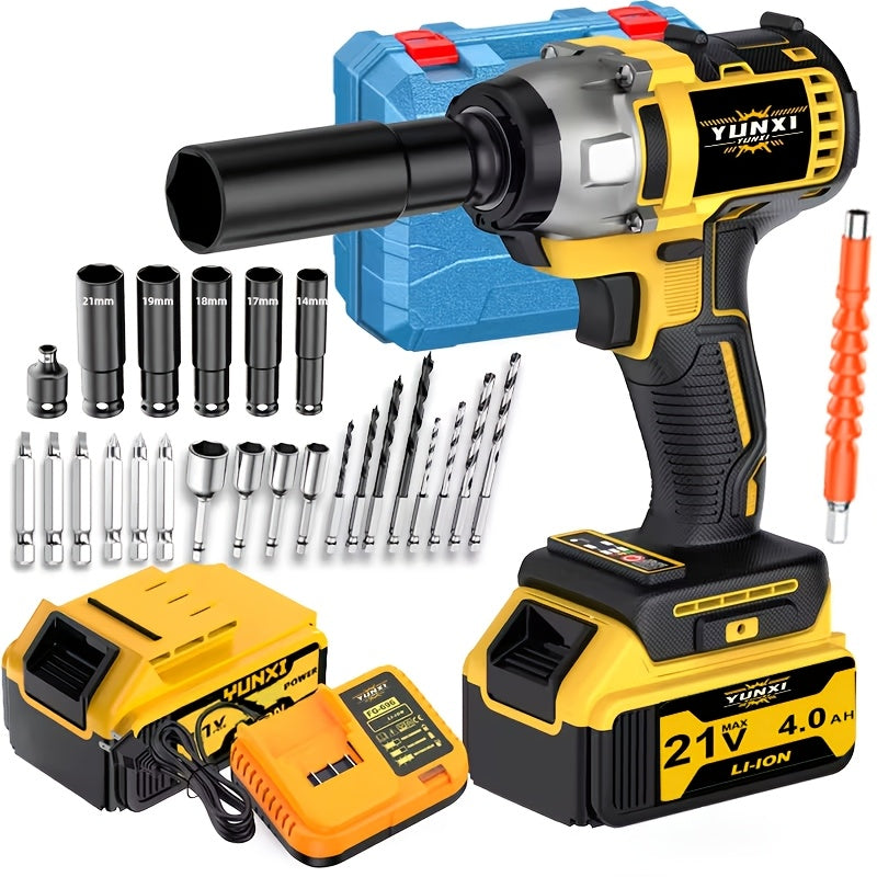 Power Tools YUNXI 21V Brushless Cordless Impact Wrench Kit with 4000mAh Battery and Configurable Accessories