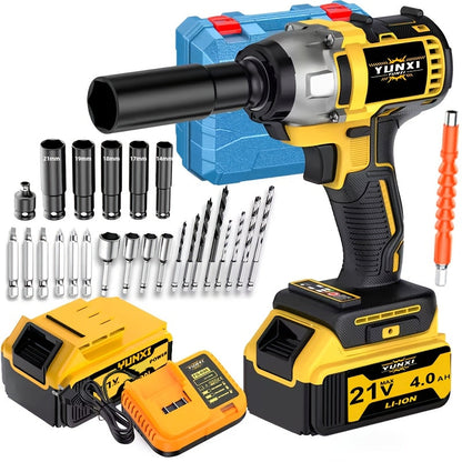 Power Tools YUNXI 21V Brushless Cordless Impact Wrench Kit with 4000mAh Battery and Configurable Accessories