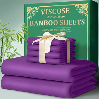 Bamboo Fitted Sheet Set 4-Piece Deep Pocket 18"-24", 2200TC Ultra-Soft Cool Breathable Bed Sheets, Anti-Shrink Fade-Resistant, Ideal for Hot Sleepers