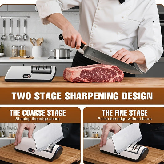 Electric Knife Sharpener 2-Stage – Automatic Professional Kitchen Knife Sharpener with Built-In Guides & Sanding Wheel for All Knives, Santoku, Fillet, Chef & Hunting Blades