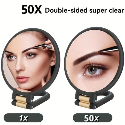 Makeup Mirror Dual-Sided 1X and 50X Handheld Round Compact with Folding 360° Handle in Black or White