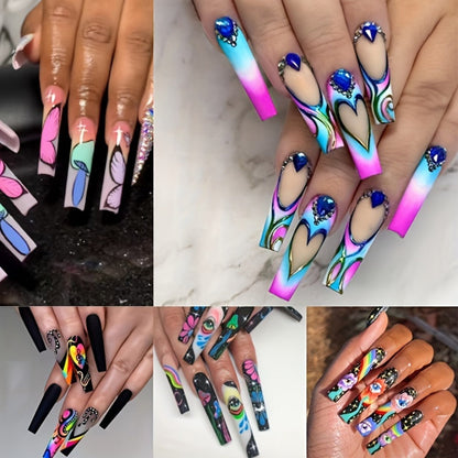 Cosmic Eyes Press On Nails 120pcs Extra Long 5 Boxes – Crystal Rhinestone Matte Colorful Stripes Floral Pattern Wearable Nail Art | Festive Gift Set for Women | Bold Party Festival Halloween Nails