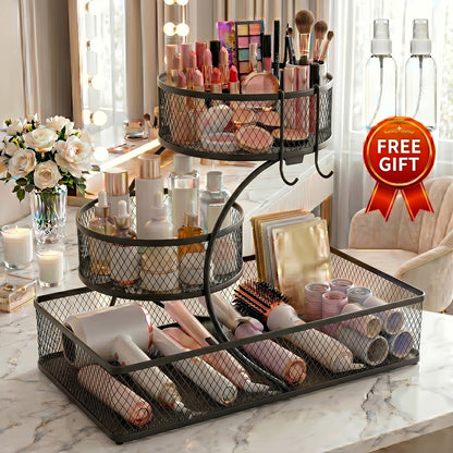 Bathroom Storage Rack 3-Tier Metal Countertop Organizer with Spray Bottle & Hooks – Rust-Resistant Diamond Mesh Shelf for Vanity, Skincare, Cosmetics & Toiletries