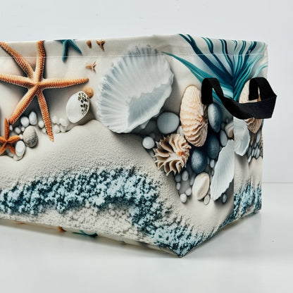 Fabric Storage Basket with Beach Shell and Starfish Print for Shelves and Room Organization