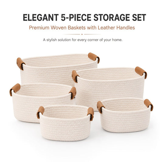 Cotton Rope Storage Baskets Set of 5 with Leather Handles in Four Color Options for Home Organization