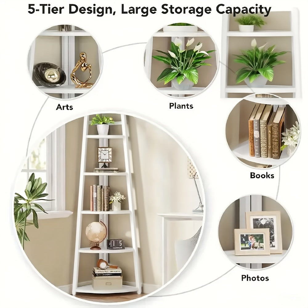 Corner Shelf 5-Tier Scandinavian Storage Cabinet – Space-Saving Vertical Organizer with Baskets, Shelves & Drawer, Modern Plastic Corner Rack for Home, Study, Balcony & Bathroom (White)