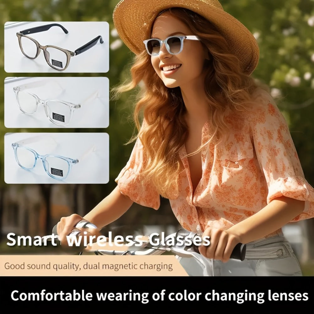 Bluetooth Smart Glasses with Photochromic Auto Dimming Lenses & Anti Blue Light – Wireless Built-in Speaker | Music & Hands-Free Calls | Magnetic Charging | Black White Gold Blue | Wearable Tech Gift