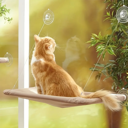 Khaki Cat Window Hammock with 55x40cm Fabric Platform, PVC Tube Frame, Cables and Suction Cups