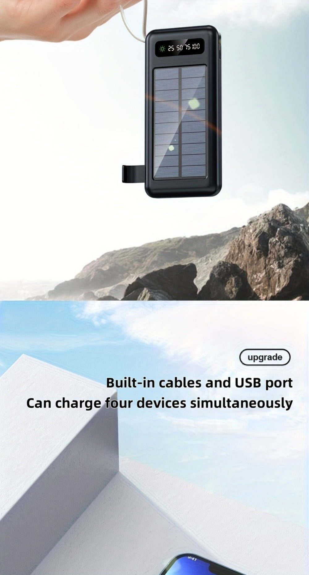 Solar Power Bank, 10000mAh to 30000mAh Charger with Built-In Cables, LED Light, Digital Display and 5W or 15W Options
