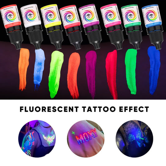 Tattoo Ink 8-Color UV Fluorescent Bottle Set with Violet and Neon Shades Shown Across the Gallery