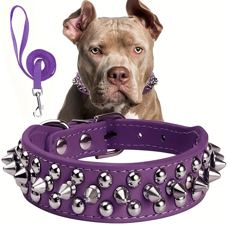 Rivet-Studded Dog Collar and Matching Leash Set with Metal Buckle, Five Colors and XS–XXL Sizing