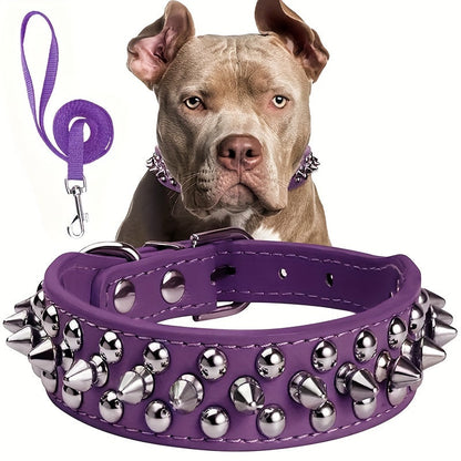 Rivet-Studded Dog Collar and Matching Leash Set with Metal Buckle, Five Colors and XS–XXL Sizing