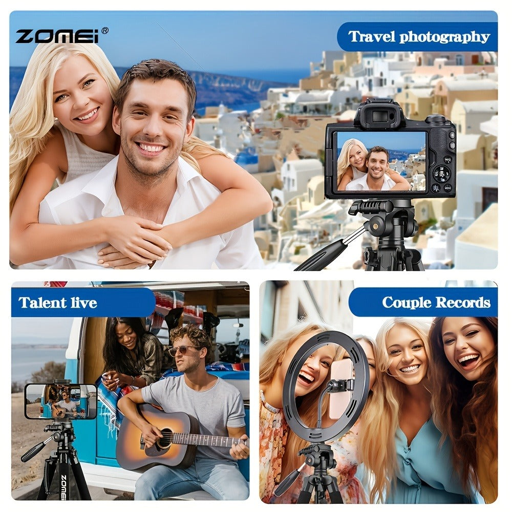 65-Inch Aluminum Camera Tripod with Three-Way Pan Head, Quick-Release Plate, Phone Clip, Carry Bag and Four Colors