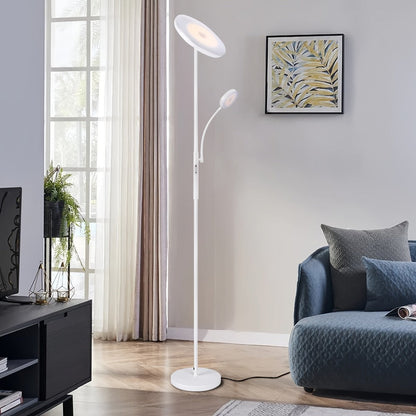 Dual-Head Torchiere Floor Lamp with 27W Main Light, 7W Reading Arm, Four Color Temperature Modes and Remote or Touch Control