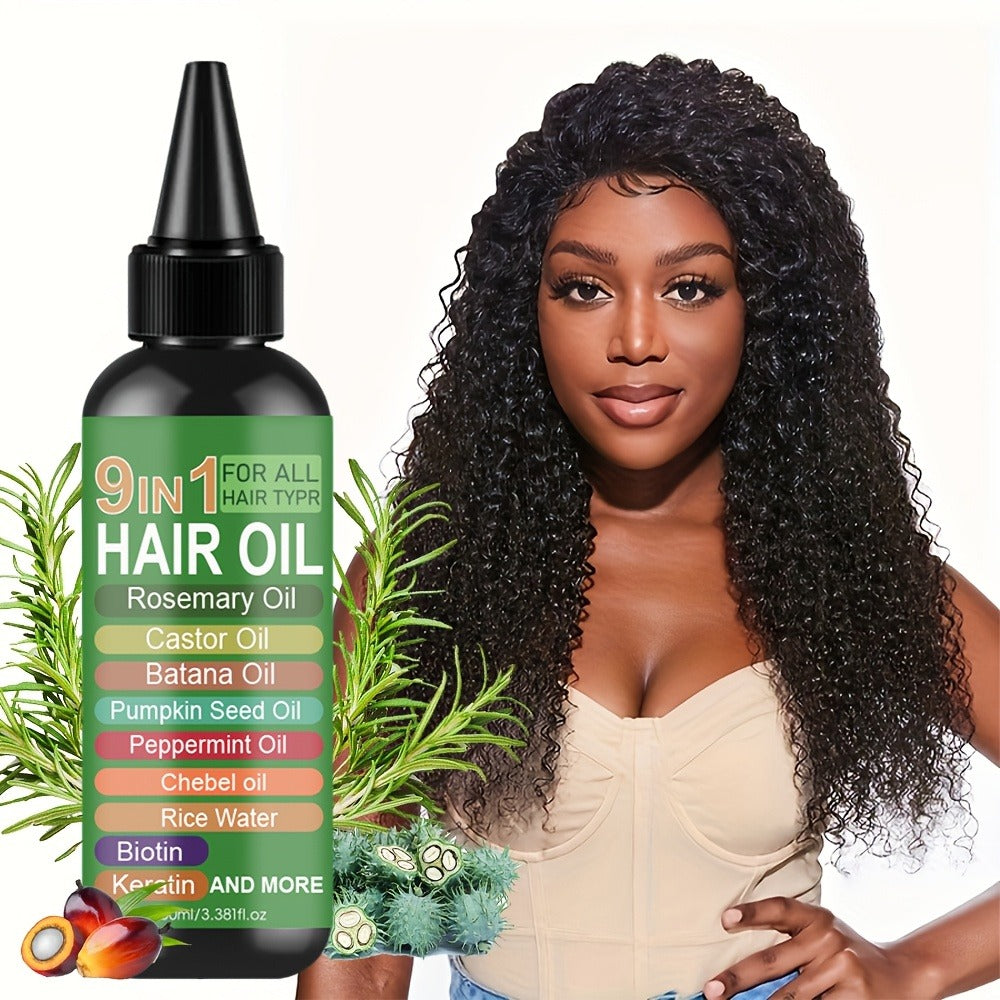 Rosemary 9-in-1 Hair and Scalp Oil, 100ml Nozzle Bottle with Rice Water, Batana, Castor and Biotin Labels