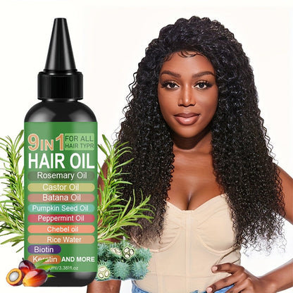 Rosemary 9-in-1 Hair and Scalp Oil, 100ml Nozzle Bottle with Rice Water, Batana, Castor and Biotin Labels