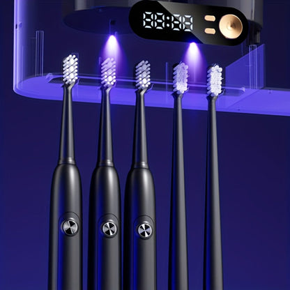 Five-Slot Wall-Mounted Toothbrush Holder with Two Cups, Toothpaste Dispenser and Digital Display