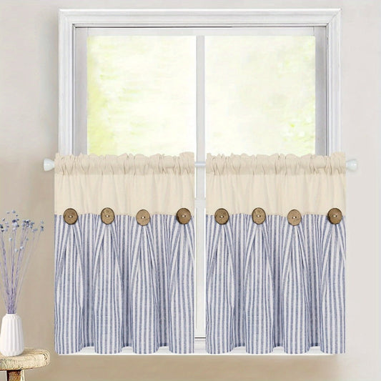 Semi Sheer Curtains Bohemian Linen Cotton Patchwork Grommet Top Window Drapes for Bedroom Living Room Kitchen Bathroom Cafe - Boho Country Cottage Style 4 Seasons 1 or 2 Panels