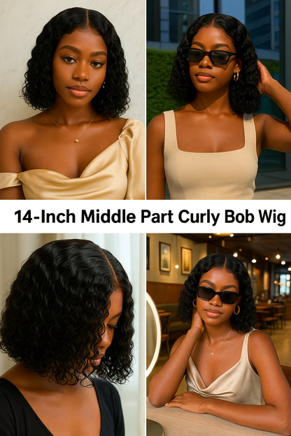 Lace Front Wig Deep-Wave Black 14-Inch Synthetic Style with Glueless Cap, Pre-Plucked Front and Baby Hair