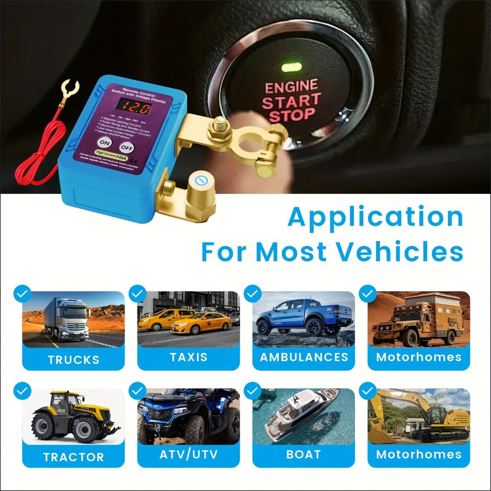 Battery Disconnect Switch 12V 240A – Smart LED Voltage Display Kill Switch, Anti-Theft Battery Drain Prevention for Car Truck RV (Wired Control, No Wireless on Main Body)