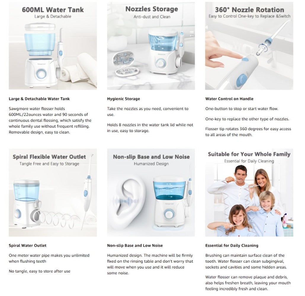 Water Flosser Countertop FC166 Oral Irrigator with 600ml Tank, Ten Pressure Settings, Eight Nozzles and Rotary Dial