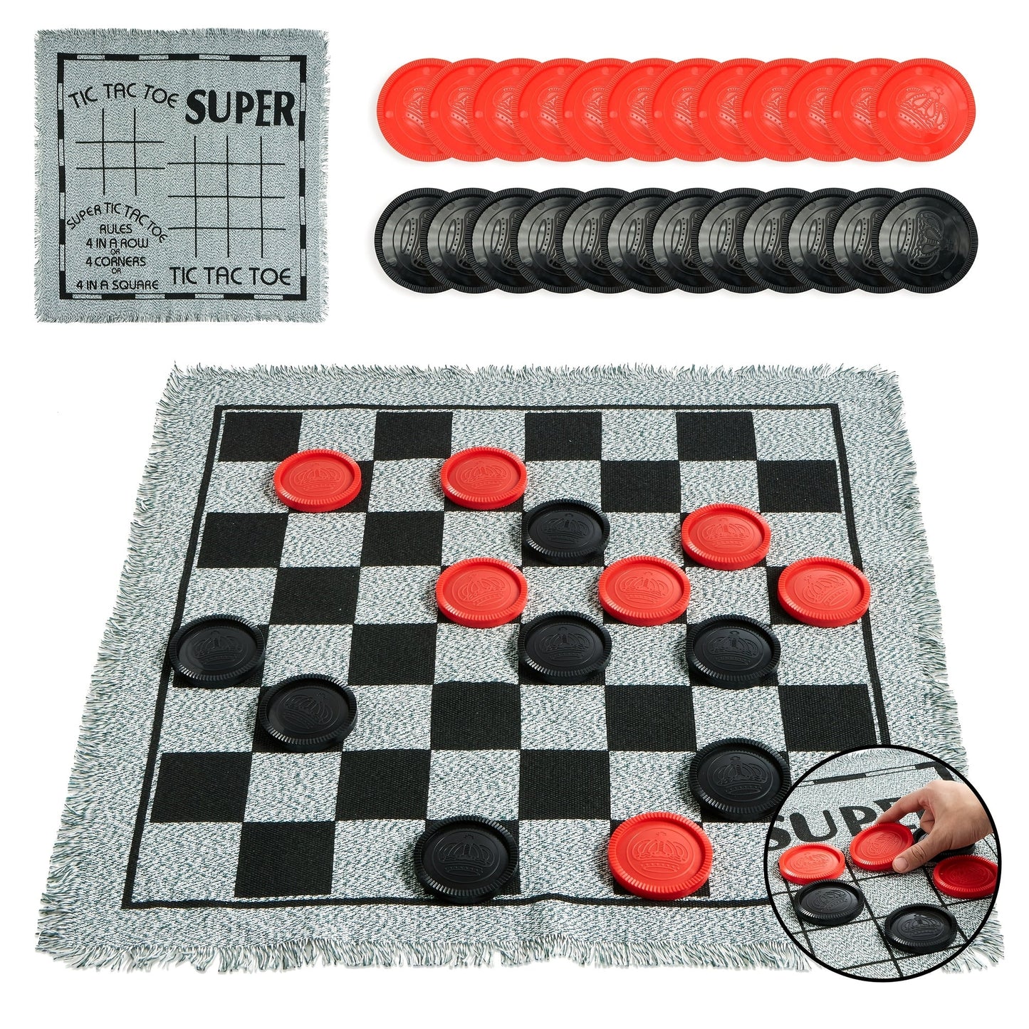 Three-in-One Giant Checkers and Tic-Tac-Toe Game with Reversible 25.5-Inch Mat and 24 Chips