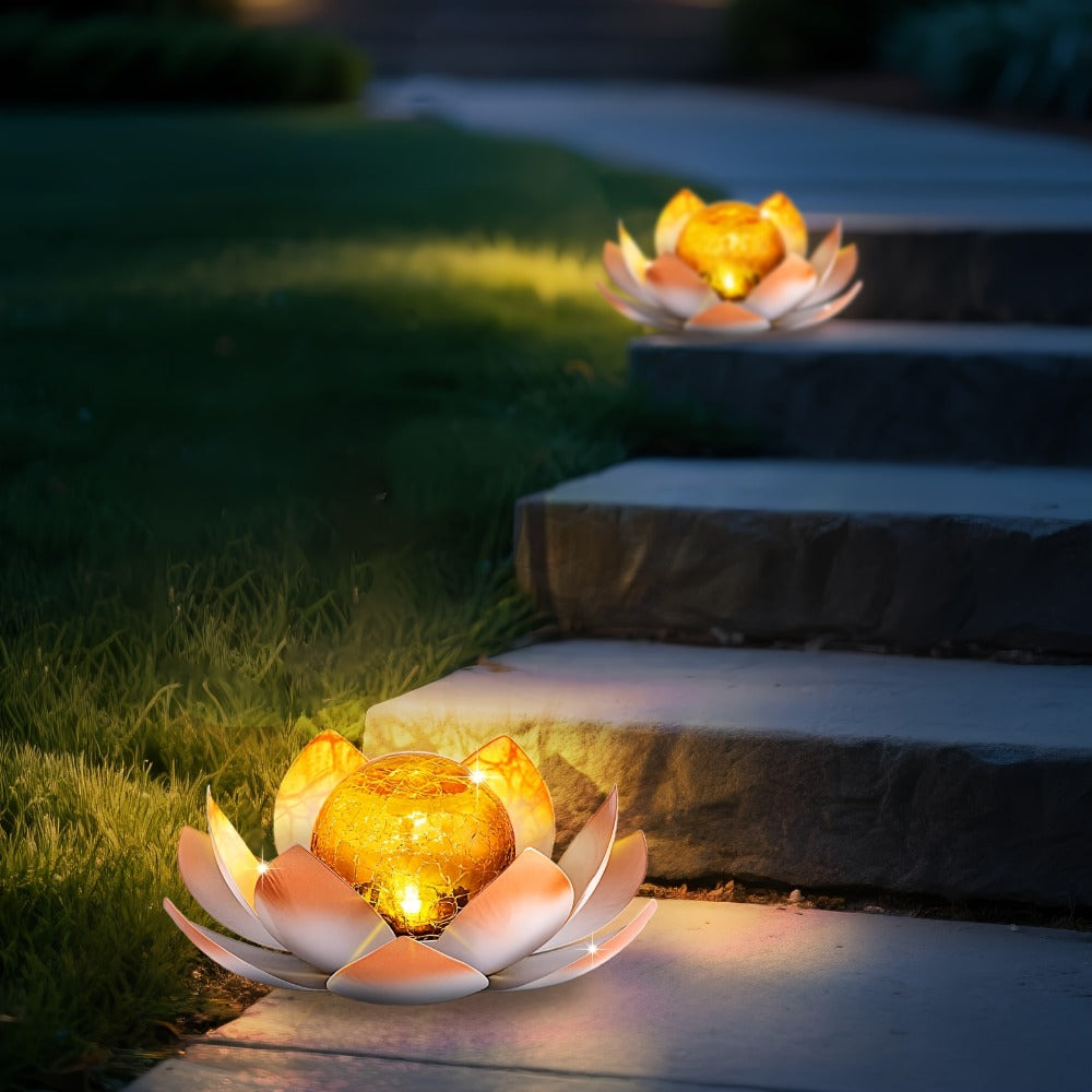 Solar Garden Lights 2-Pack Lotus Stakes with Cracked Glass Globes, Iron Frame and IPX4 Rating