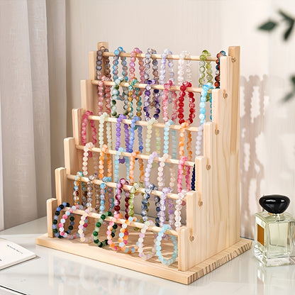 Jewelry Organizer 6-Tier Wooden Stepped Display Tower with Removable Bead Trays for Bracelets and Watches