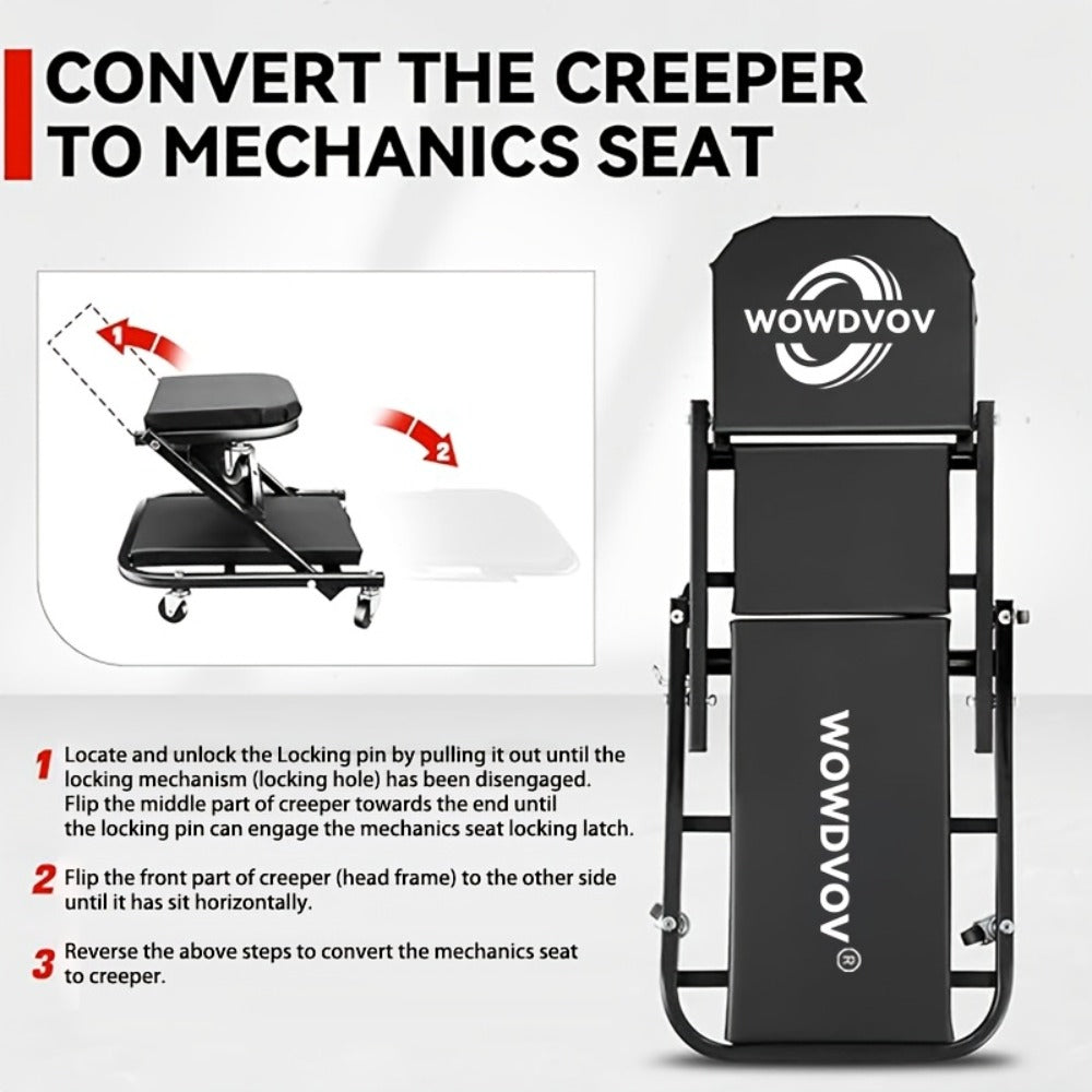 Mechanic Creeper 3-in-1 Z-Shape – 500 lb Capacity Foldable Garage Repair Stool, Lying Sitting Leaning Rolling Creeper with 6 Wheel Rollers for Auto Repair