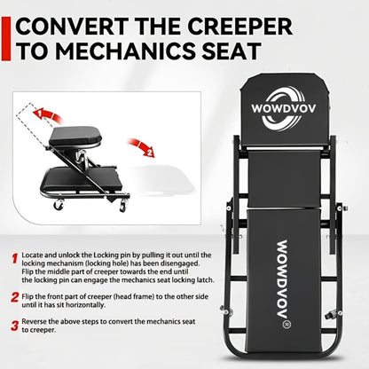 Mechanic Creeper 3-in-1 Z-Shape – 500 lb Capacity Foldable Garage Repair Stool, Lying Sitting Leaning Rolling Creeper with 6 Wheel Rollers for Auto Repair