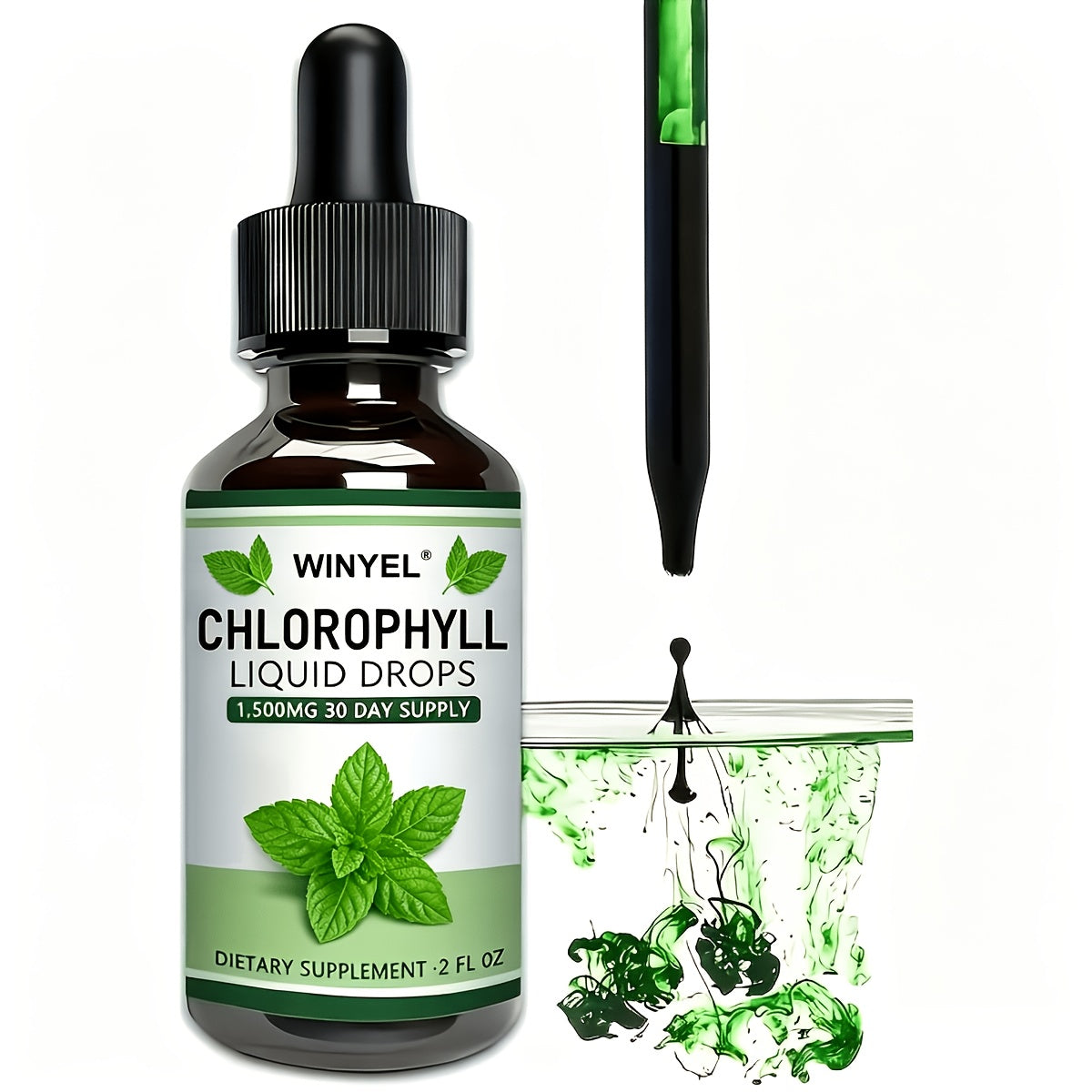 Herbal Supplements with WINYEL Label, Liquid Chlorophyll Drops in One Amber Dropper Bottle