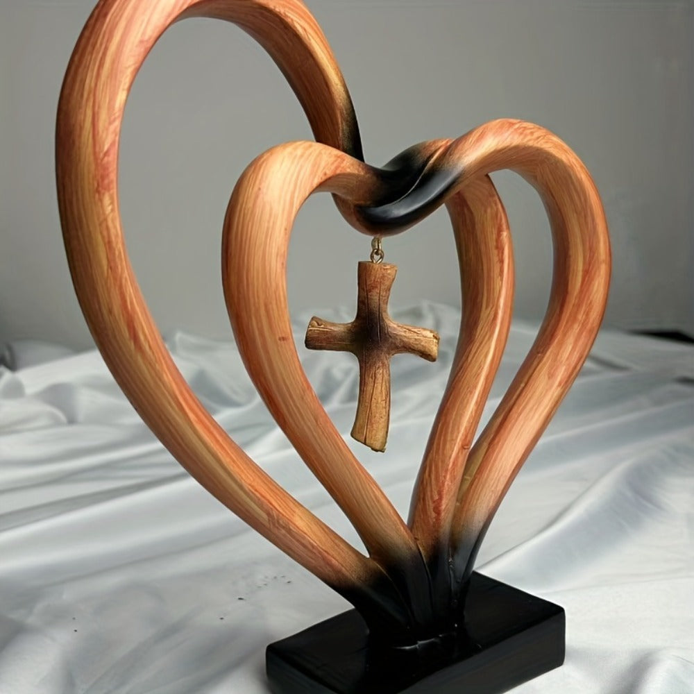 Resin Cross Ornament Wood Grain Love Design – Modern Decorative Cross Statue for Home Office Desktop, Mother's Day Valentine's Day Gift, Tabletop Spiritual Decor Figurine