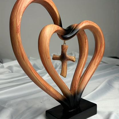 Resin Cross Ornament Wood Grain Love Design – Modern Decorative Cross Statue for Home Office Desktop, Mother's Day Valentine's Day Gift, Tabletop Spiritual Decor Figurine