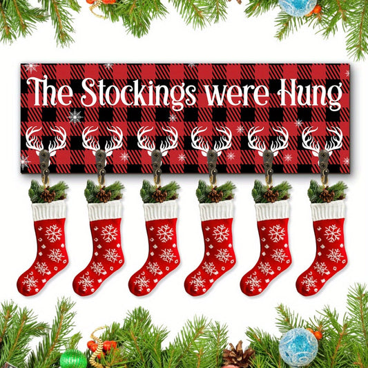 Christmas Stocking Holder with 6 Hooks – Wooden Sign Wall Rack with Snowflake Design & "The Stockings Were Hung" Quote, Santa Claus Mantel Hanger for Holiday Fireplace Decor