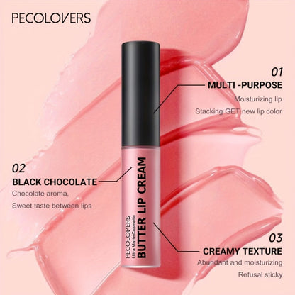 Lip Gloss Set by PECOLORS with 6 Nude Butter Lip Cream Shades, Tube Applicators and Display Box