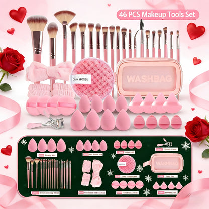 Makeup Brush Set, 46-Piece Nylon Bristle and ABS Handle Kit with Triangle Puff, Foundation Puff and Face-Eye Tools
