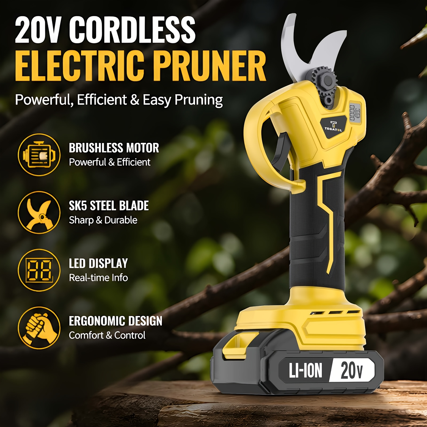 20V-Labeled Cordless Pruning Shears with Display, Yellow or Green Body and One- or Two-Battery Kits