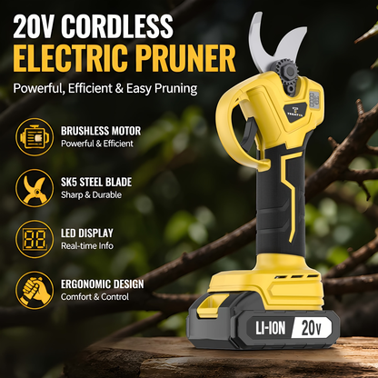 20V-Labeled Cordless Pruning Shears with Display, Yellow or Green Body and One- or Two-Battery Kits