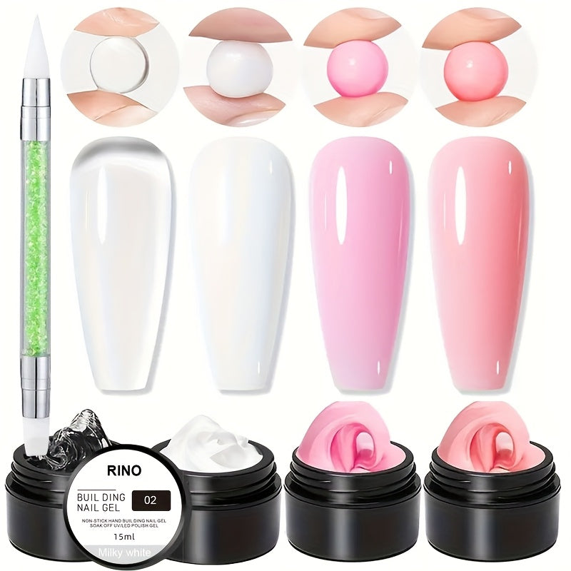 RINO 3D Nail Sculpture Kit 5pcs – Solid Builder Gel with Rhinestone Gel Molding Gel Flower Molds & Sculpting Brush, Clear Nude Hard Gel Extension for 3D Floral Nail Art, Home & Salon Women Beginners