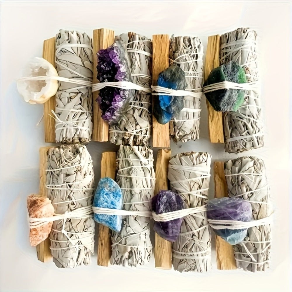 Natural White Sage and Random Crystal Decor Set for Meditation Spaces, Displays and Seasonal Gifts