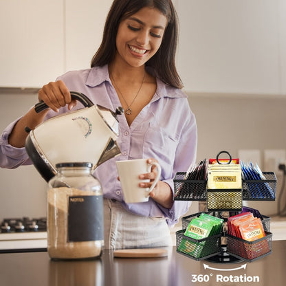 Eight-Basket Rotating Tea Bag Organizer with Black Mesh Carousel, 9.4-Inch Height and 4.5-Inch Base