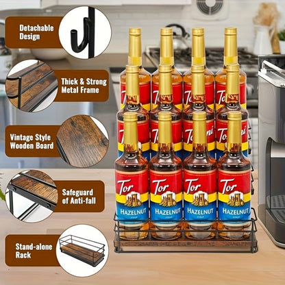 Three-Tier Countertop Bottle Rack with Black Metal Frame, Wood-Look Shelves and Twelve-Bottle Layout