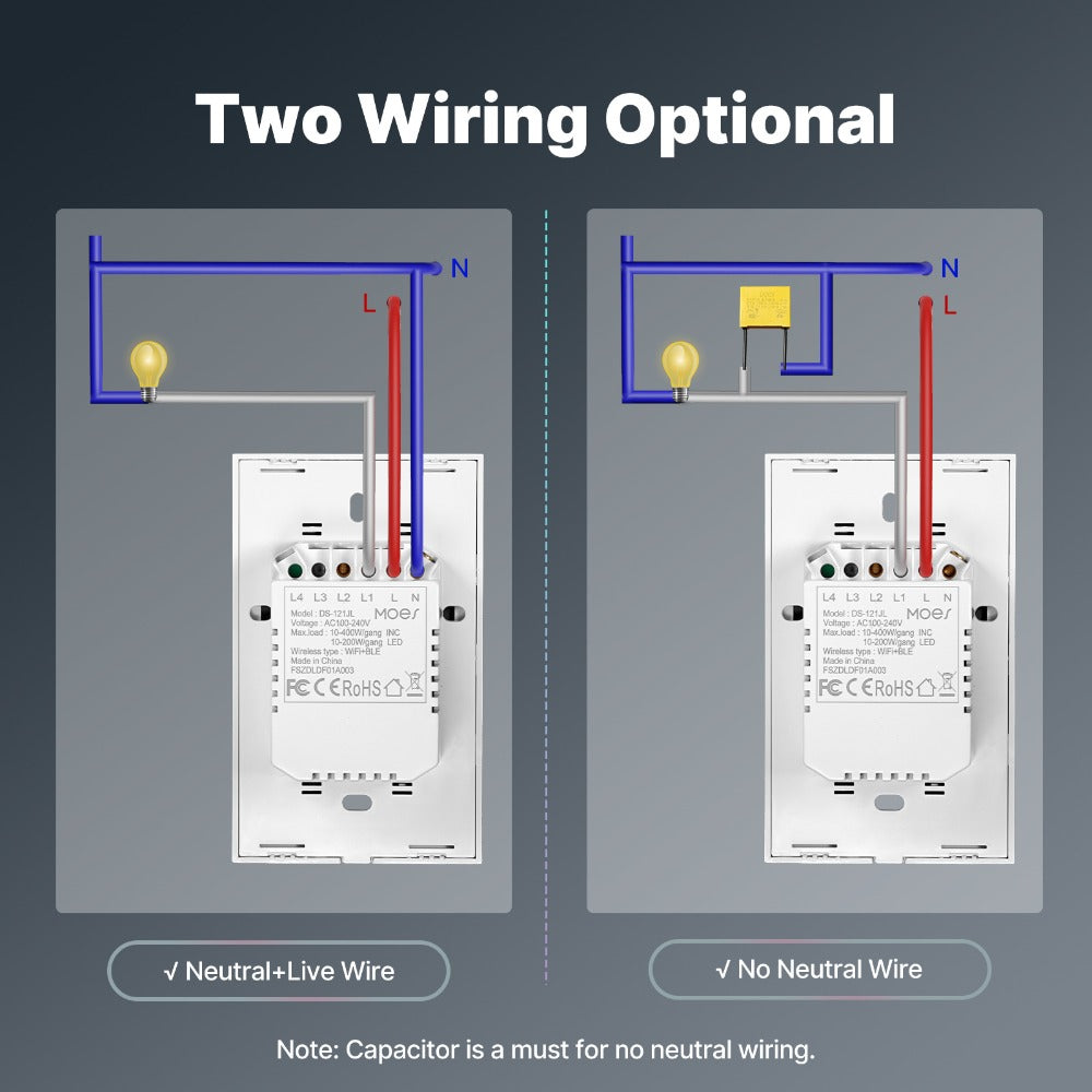 White WiFi Touch Wall Switch with One-, Two- or Three-Gang Options, 2.4GHz App Control and Dual Wiring Support