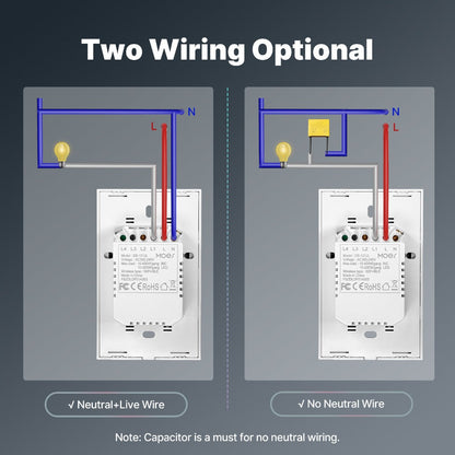 White WiFi Touch Wall Switch with One-, Two- or Three-Gang Options, 2.4GHz App Control and Dual Wiring Support