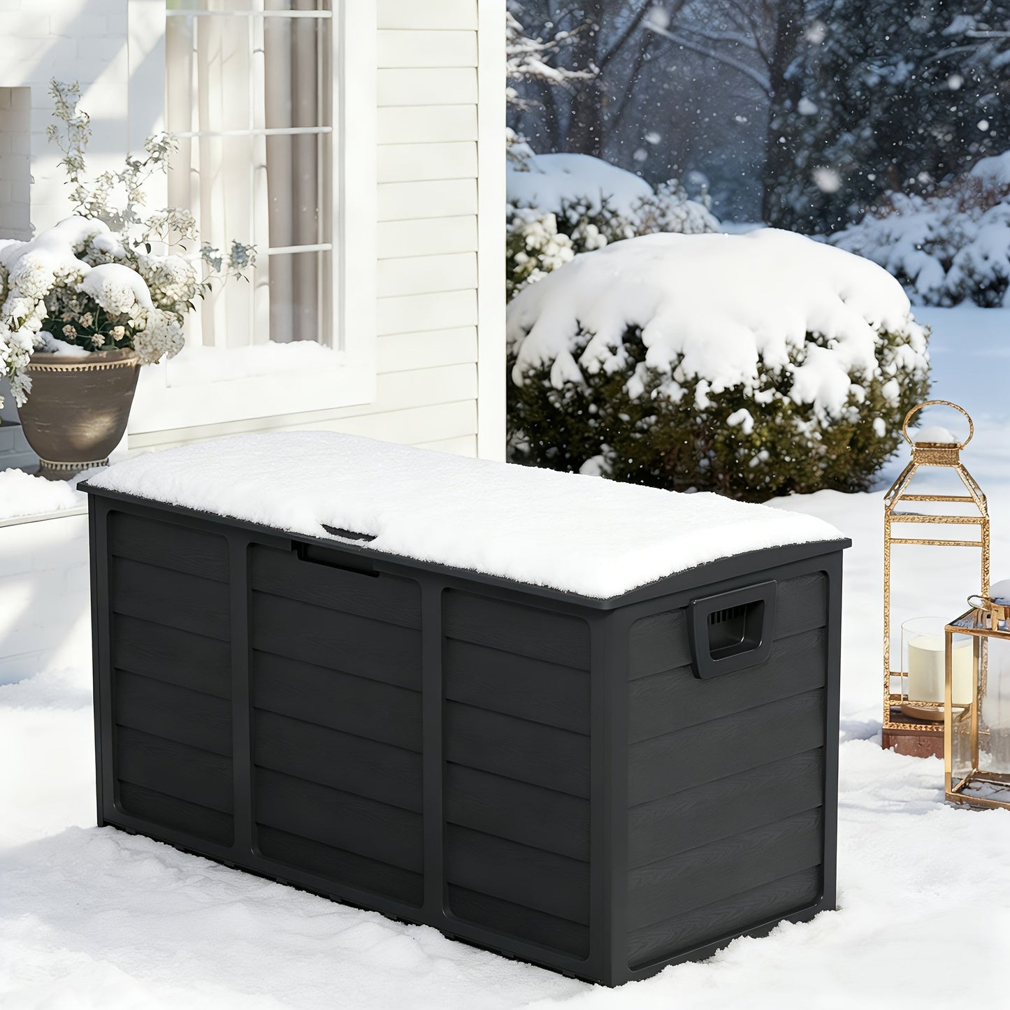 75-Gallon Low-Profile Outdoor Storage Box in Black with Hinged Lid, Side Handles and 41.4 x 18 x 21.3-Inch Size