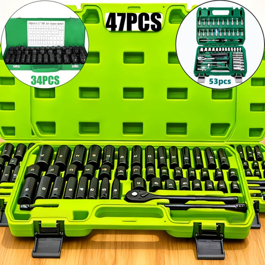 Impact Socket Set – 53-Piece Tool Set, 47-Piece 3/8" Drive & 34-Piece 1/2" Drive, SAE & Metric Sizes, 6-Point CR-V with Ratchet Handle, Extension Rod & Connector for Auto Repair & DIY