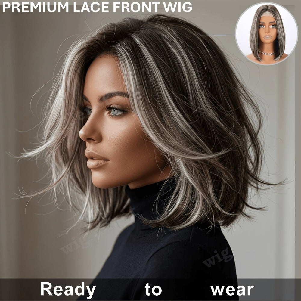 U Part Lace Front Bob Wig 4x1 Glueless Rose Net Cap Middle Part Natural Hairline Synthetic Wig for Women 14 Inch Brown Highlights Milky White Black Pink