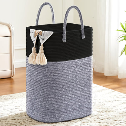 Woven Cotton Rope Laundry Basket with Twin Handles, 40L to 100L Sizes and Five Two-Tone Color Options